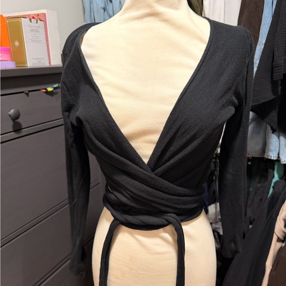 Black Wrap Tie Front Long Sleeve Top